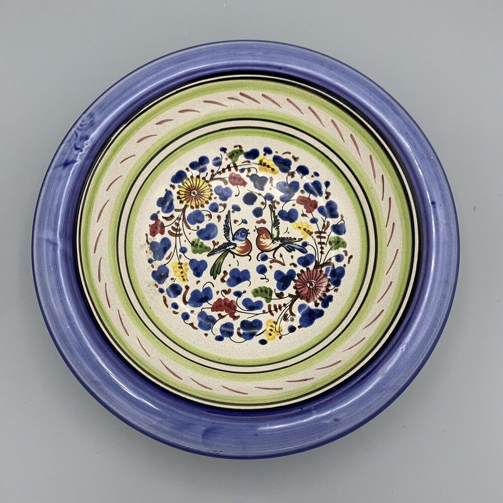 Vtg Hand Hand Painted Blue Assisi Pottery Soup Cereal Bowl Birds Floral Italy